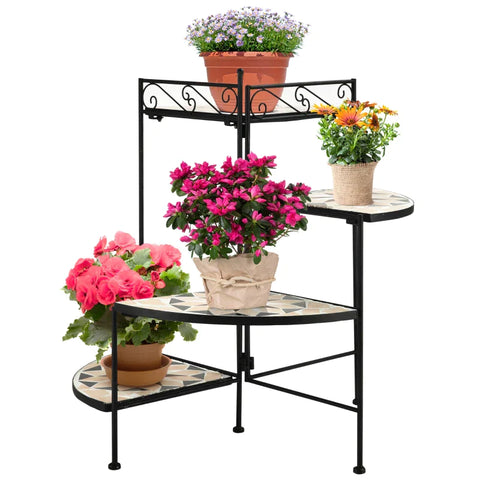 Rootz Bloemenstandaard - Plantenplank - Plantenplank - 4-Tier Bloementrap - Opvouwbaar - Tuin Balkon - Metalen Keramische Tegels - Zwart/Beige - 64 x 64 x 72 cm