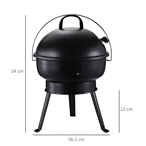 Rootz Charcoal Grill - Kettle Grill - Charcoal BBQ Grill - Windbreak Tripod Base - Camping - Picnic - Portable - Metal - Black - Ø36.5 x 54 cm