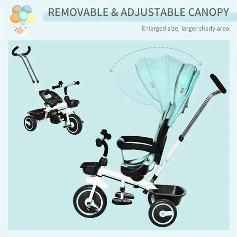 Rootz 2 In 1 Children's Tricycle - Jogger With Steering System - Rod Basket - Sun Canopy - Velvet Touch - Green - 100 x 48 x 106 cm