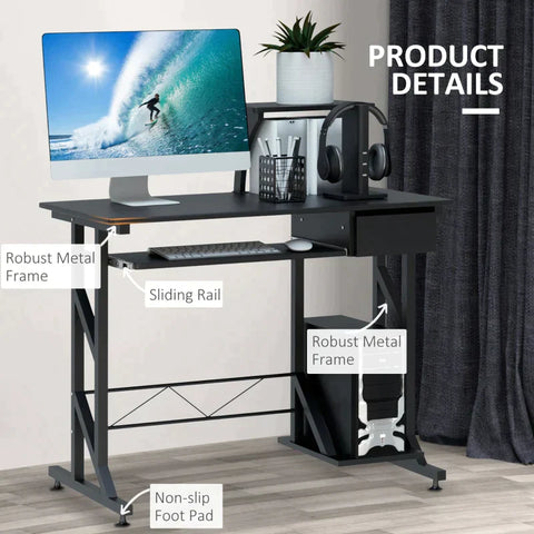 Rootz Computer Desk - Work Table With Shelves And Drawers - Office Table - Study Table - Sliding Keyboard Tray - Office - Home - Black - 90 x 50 x 95 cm