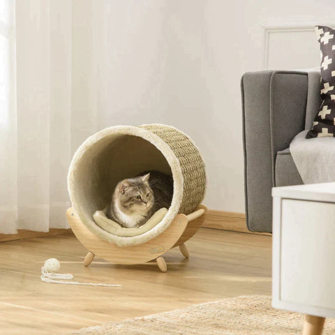 Rootz Cat Cave - Cat House - Cat Bed - With Scratcher - Includes Cushion - Pine Wood/Seaweed Rope/Flannel Polyester - Natural/Beige - 41cm x 38cm x 43cm