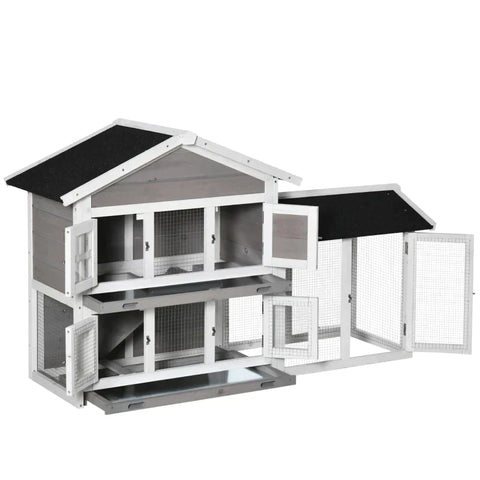 Rootz Rabbit Hutch - Small Animal Hutch - 2 Levels - Fir Wood - Outdoor Indoor Small Animal Cage - Removable Floor Tray - Grey + Black + White - 150 x 55 x 91 cm