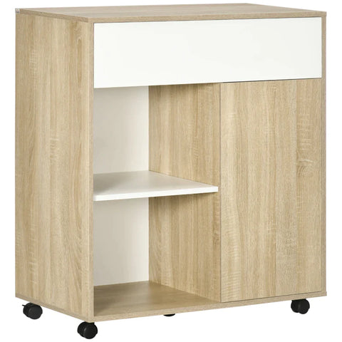 Rootz Rolling Cabinet - Drawer - Storage Compartment With Door - Open Shelf - White + Wood - 81 x 39.6 x 90.3 cm