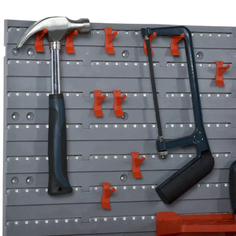 Rootz Pegboard - Perforated Tool Set - Wall Shelf - 44 Pieces Tool Board - Wall Holder Tool - Stackable Containers - Grey/Red - 63.5 x 22.5 x 95.5 cm