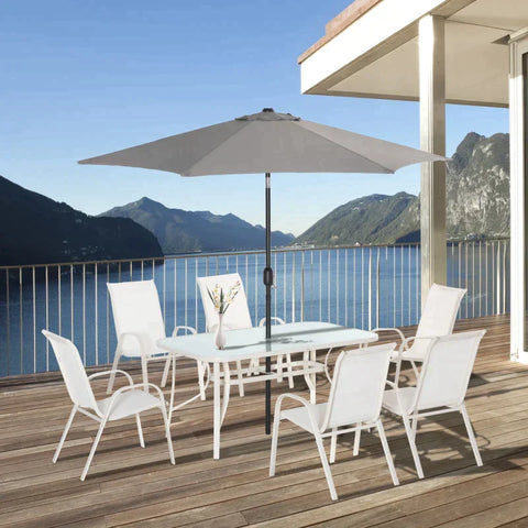 Rootz 8 Piece Garden Set With Umbrella - Garden Set - Umbrella - Parasol - With Garden Set - Metal/Aluminum/Tempered Glass/Mesh/Polyester - Cream White/Light Gray