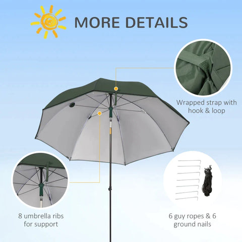 Rootz Beach Parasol - Beach Umbrella - 2m Beach Parasol - Fishing Umbrella Brolly - With Sides And Push Botton - Metal/Polyester - Green - 2 x 2.2m