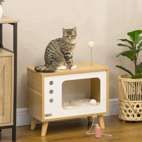 Rootz Katzenhaus – Katzenhöhle im TV-Design, inklusive Spielzeug – waschbares Kissen – Eiche + Beige + Weiß – 50 cm x 28 cm x 43 cm
