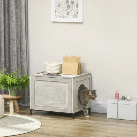 Rootz Cat House - Cat Litter Box - Hinged Roof - Easy Cleanin - Adjustable Entry Door - Steel And Wood - Light Gray - 56L x 44W x 46.5H cm