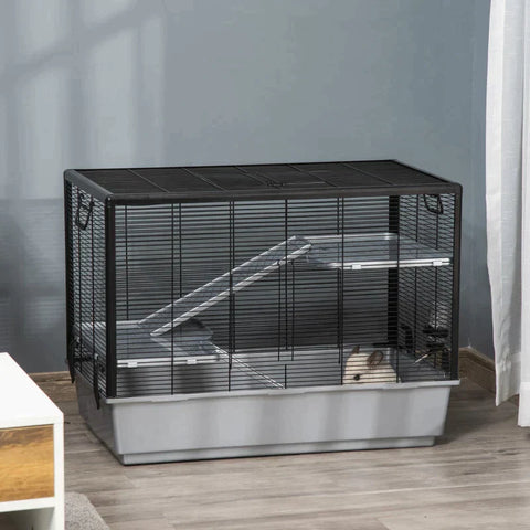 Rootz Small Animal Cage - Small Animal Hutch - Pets Cage - Small Animal Enclosure Rodent Cage - With Ramp - Steel/Aluminum - Plastic Black/Grey - 80 x 48 x 58 cm