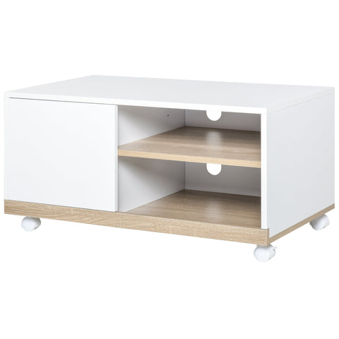 Rootz TV Furniture - On Wheels - 2 Open Shelves - Storage Compartment - Natural Color - White - 80 x 45 x 39.5 cm
