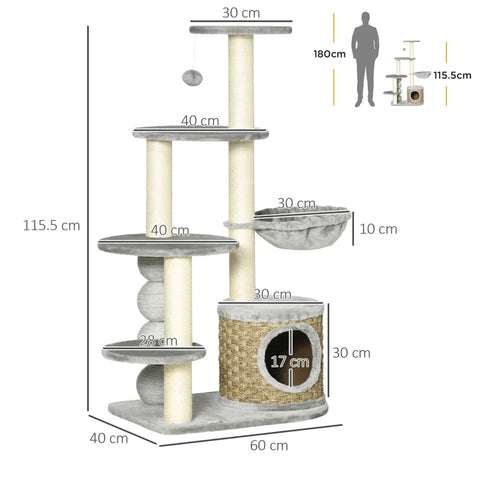 Rootz Scratching Post - Cat Climbing Tower - Cat Tree - Cat Cave - Cat Bed - With Hanging Ball - Light Grey - 60cm x 40cm x 115.5cm