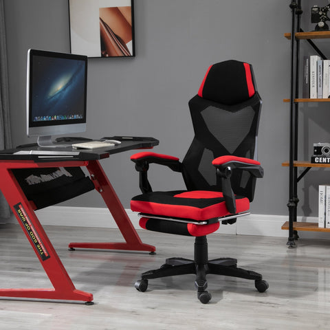 Rootz Gaming Chair - Swivel Chair - Footrest - Mesh - Adjustable In Height - 58 x 72 x 108-118 cm - Black - Red