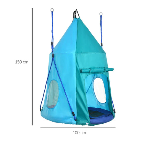 Rootz Nestschommel Met Tent - Kinderschommel - In lengte verstelbare touwen - Waterdicht - Draagvermogen tot 150 kg - Blauwgroen - 100L x 100W x 150H cm