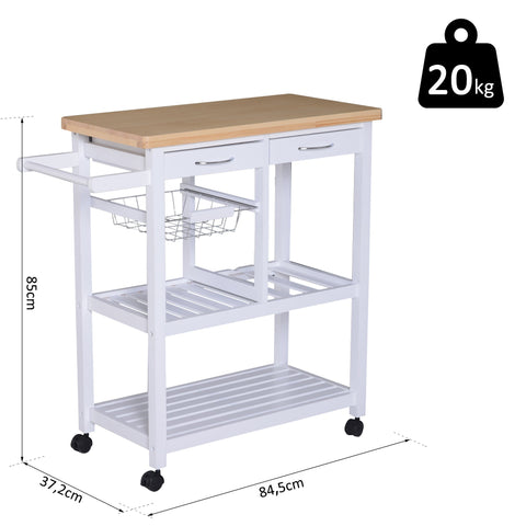 Rootz Kitchen trolley - Kitchen trolley - Serving trolley - On wheels - Drawers - L84.5 x W37.5 x H85 cm - Wood - White -