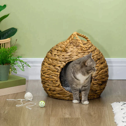 Rootz Cat Cave - Rattan Cat House - Water Hyacinth Grass with Handle - Natural - 41cm x 38cm x 41cm
