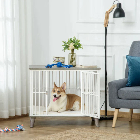 Rootz Hondenkooi - Houten Hondenkooi met Kussen - Decoratieve Hondenbench - Huisdierkooi voor Kleine Middelgrote Honden - Hout - Staal - Wit + Grijs - 86cm x 60cm x 70cm