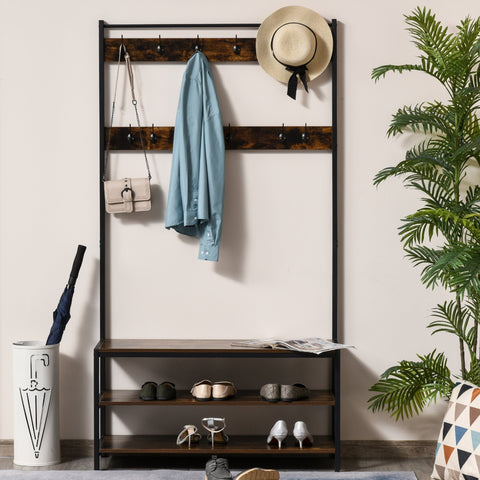 Rootz Wardrobe Rack - Coat Rack - 12 Hooks - Shoe Rack - 100 x 40 x 184 - Steel - MDF - Brown - Black