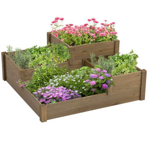 Rootz Raised Bed - 4 Planters On 3 Levels - Weather-resistant - Solid Wood - Natural - 122 cm x 122 cm x 51 cm