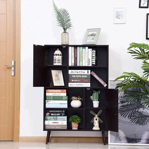 Rootz Standing Shelf - Sideboard -  Bookshelf - Free Standing Bookcase Shelves - Storage Cabinet - Wooden Leg - 2 Doors 5 Compartments - Walnut - 80 cm x 23.5 cm x 123 cm