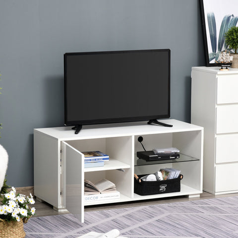 Rootz TV Furniture - Drawers - 2 Open Shelves - Storage Compartment - 100 x 40 x 45 cm - Processed Wood - Glass - White