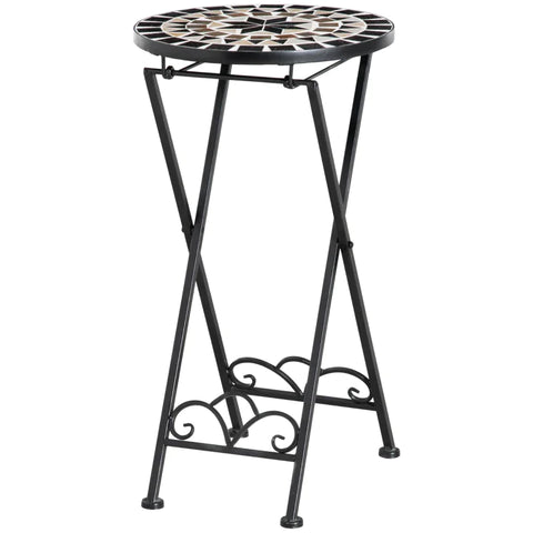 Rootz Plant Stand - Flower Stand - Plant Holder - Foldable Round - Metal/Ceramic Tile - Black/White/Yellow