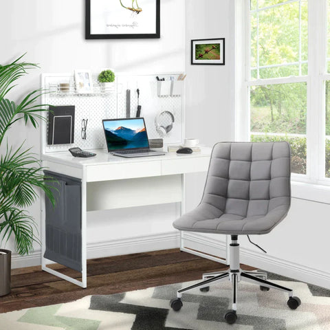 Rootz Computertisch – Computertisch mit 2 Schubladen – inkl. Memo-Gitter + 10 Haken – Seitentasche – Stahl – Spanplatte – Weiß + Grau – 110 L x 58,5 B x 127 H cm