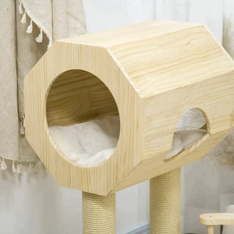 Rootz Scratching Post - Cat House - Three Scratching Posts - Cat Tree - With Lounger - Washable Lounger Cushions - Pine Wood - Natural Wood - 59.5 x 59.5 x 92cm