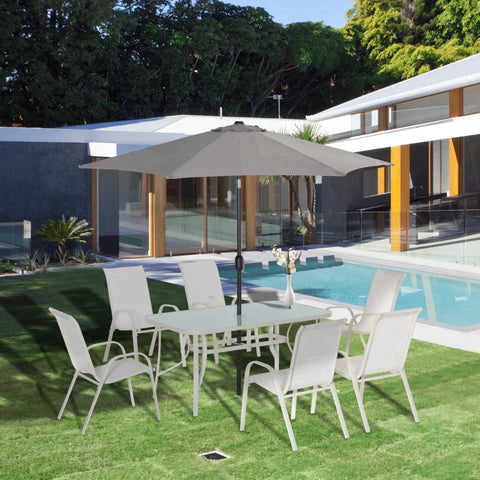Rootz 8 Piece Garden Set With Umbrella - Garden Set - Umbrella - Parasol - With Garden Set - Metal/Aluminum/Tempered Glass/Mesh/Polyester - Cream White/Light Gray