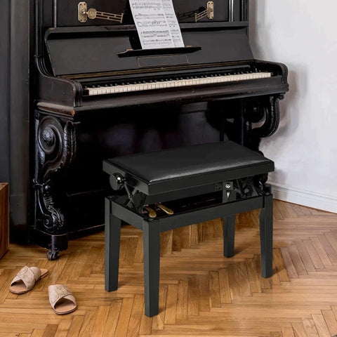 Rootz Pianobank - Pianostoel - In Hoogte Verstelbaar - Elegant Hoogglans - Imitatie Leder + Rubber Hout - Zwart - 63 x 33 x 56 cm