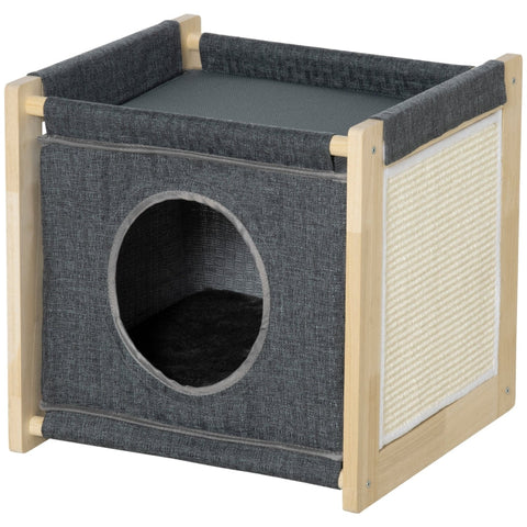 Rootz Cat House - Cat Cave - 2 Tier Cat Cave - 1 Cushion - 1 Scratch Pad - Dark Gray/Natural - 40cm x 40cm x 40.5cm