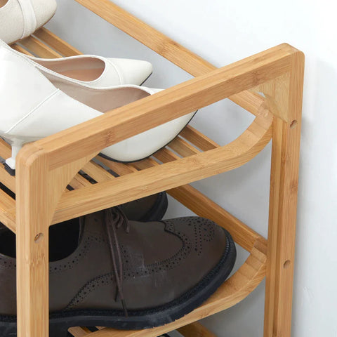 Rootz 3-tier Shoe Rack - Bamboo Shoe - Storage Organizer - Slatted Shelves - Free Standing Shoe - Raised Edges - Shelf Stand - 9 Pairs Of Shoes - Entryway - Hallway - Natural - 76 x 33 x 51 cm