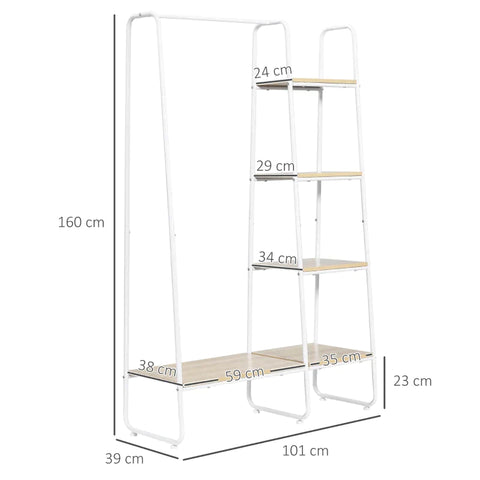 Rootz Clothes Rack - Clothes Stand - Coat Stand - 5 Shelves - 1 Clothes Rail - Natural + White - 101 cm x 39 cm x 160 cm