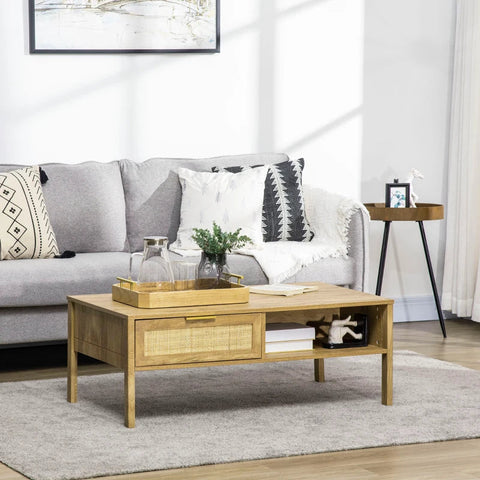 Rootz Couchtisch – Beistelltisch – TV-Bank – Wiener Netzoptik – 1 Schublade 1 Schrank – Spanplatte, Rattan – Naturholz – 110 cm x 59 cm x 41 cm