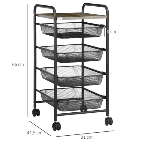 Rootz Serving Trolley - 4 Compartments - 1 Table Top - 4 Wheels With 2 Brakes - Steel Frame - Black - 41.5 x 31 x 66 cm