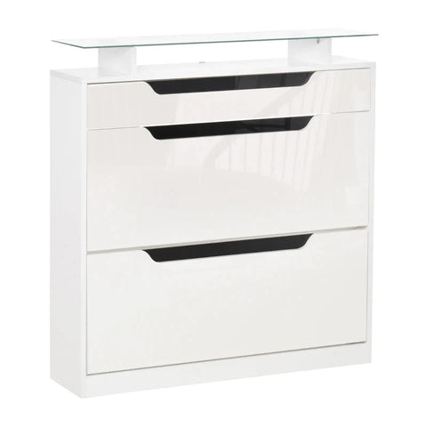Rootz Shoe Cabinet - Three-drawer Shoe Cabinet - Shoe Rack - Tipping Bucket With Flap Door - Glass Top & Adjustable Shelf - White - 89 x 23 x 96 cm