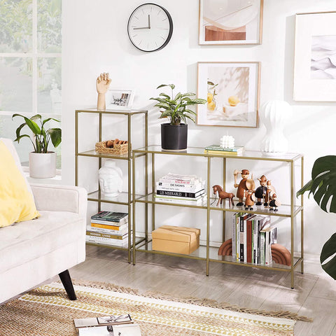 Rootz 2 Side Table - Rectangular Glass Table - Gold Iron Frame - Bathroom Cabinet - Adjustable Legs - 40 x 30 x 95 cm (LxWxH)