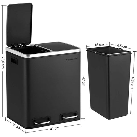 Rootz Trash Can Waste Separation 30 Liter - Trash Cans - Pedal Bin - Black - 41 x 36 x 47 cm
