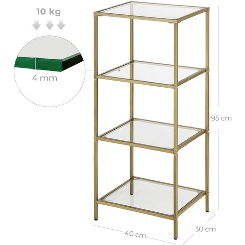 Rootz 2 Side Table - Rectangular Glass Table - Gold Iron Frame - Bathroom Cabinet - Adjustable Legs - 40 x 30 x 95 cm (LxWxH)