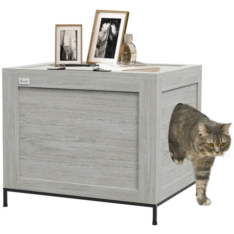 Rootz Cat House - Cat Litter Box - Hinged Roof - Easy Cleanin - Adjustable Entry Door - Steel And Wood - Light Gray - 56L x 44W x 46.5H cm