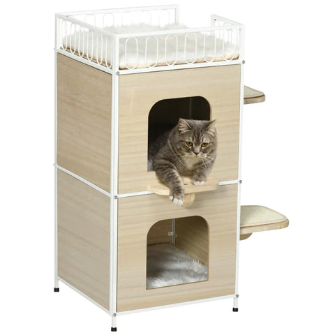 Rootz Cat House - 2 Caves - 2 Platforms - 1 Cat Bed - Washable Cushions - Scratching Mats - Mdf And Steel - Natural + White - 40L x 40W x 84H cm
