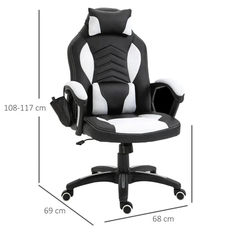 Rootz Office Chair - Massage Chair - Gaming Chair - Heat Function - 6 Vibration Points - Massage Function - Black/White - 68 X 69 X 108-117cm
