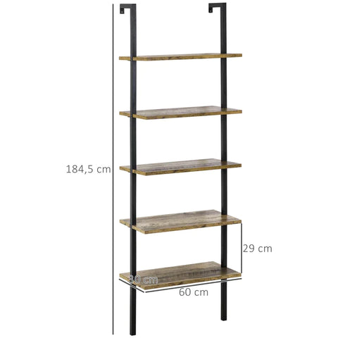 Rootz Shelf - Bookshelf - Wall Mounted Ladder Shelf - Industrial Design - 5 Shelves - Chipboard/Metal - Brown/Black - 60 cm x 30 cm x 184.5 cm