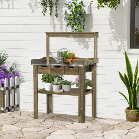 Rootz Planting Table - Tuintafel Met Drie Laden En Metalen Werkblad - Dennenhout - Metaal - Verkoold - 78 x 38 x 112 cm