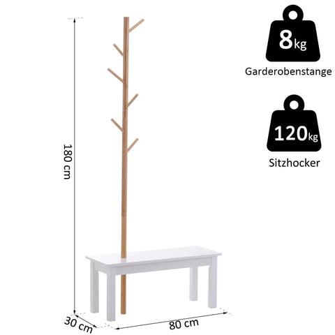 Rootz Clothes Rack - Coat Hook - Coat Hanger - Storage Bench - Tree Design - Natural Wood - 80 x 30 x 180 cm