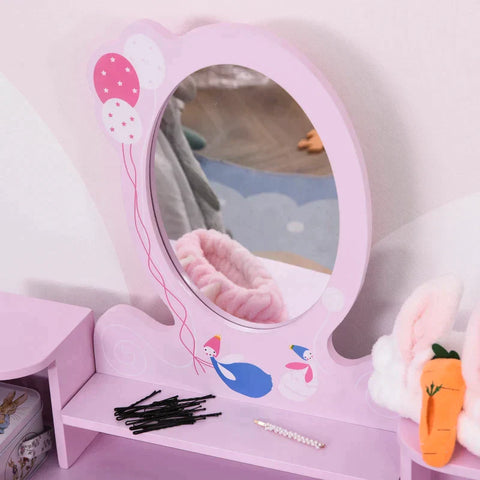 Rootz Children's Dressing Table - Dressing Table With Stool - Dressing Table With Drawer - Compartments - Mirror For Girls - Pine Wood - Pink - 60 x 34 x 93 cm