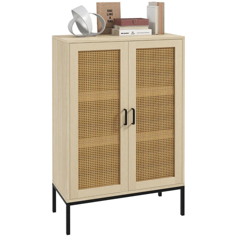 Rootz Sideboard - Boho Style - Viennese Weave Look - 2 Adjustable Shelves - Charming Rattan Doors - Chest Of Drawers - Chipboard - Oak - 76W x 35D x 120Hcm