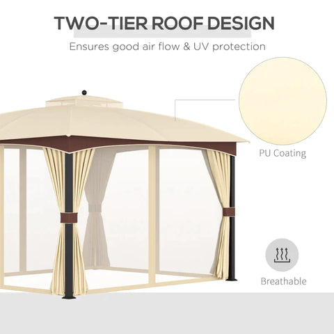 Rootz Gazebo - Garden Pavilion - Garden Tent - Marquee Party Tent With 4 X Side Walls Mosquito Net - Breathable - Double Roof - Metal - Polyester - Khaki + Brown - 3.95L x 3.28W x 3.33H w