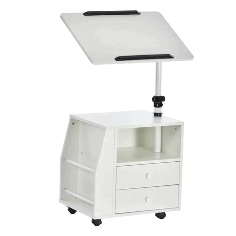 Rootz Side Trolley - Side Table - Flexible Tabletop - 2 Drawers - Newspaper Compartment - 4 Wheels - White - 60 x 40 x 90 cm