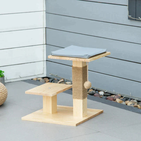 Rootz Wooden Scratching Post - Cat Tree - Climbing Tree With Jute - Cat Furniture - Scratching Board With Cushion - 2 Platforms - Stable Cat Toy - Natural - 40 x 40 x 43 cm