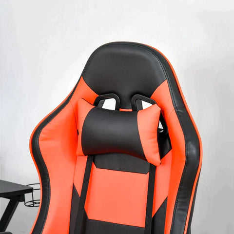 Rootz Gaming Stuhl – Bürostuhl – Ergonomischer Drehstuhl mit Kopfstütze – Stuhl mit Wipp- und Liegefunktion – Lendenkissen – 90–160° Neigungswinkel – Kunstleder – Schwarz + Rot – 72 x 72 x 121–130 cm
